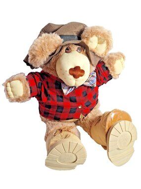 Vintage Furskins Farrell Plush Bear 80s Red Black Plaid Shirt Bowtie Hat Boots